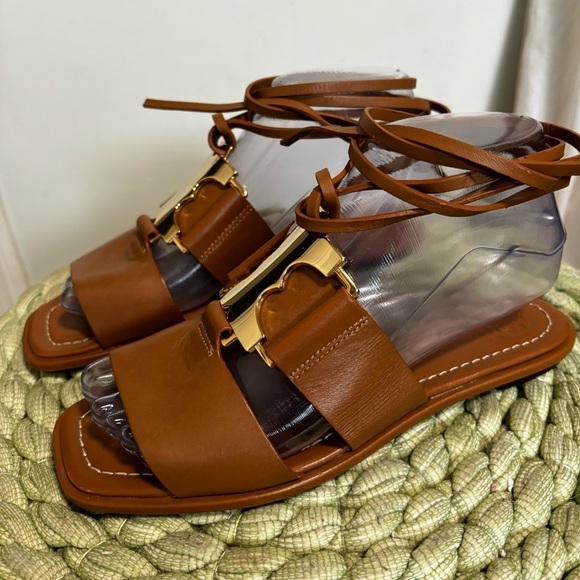 NWOB Tory Burch Gemini Link Lace Up Wrap Flat Royal Tan/Gold Leather Sandals - Picture 4 of 12